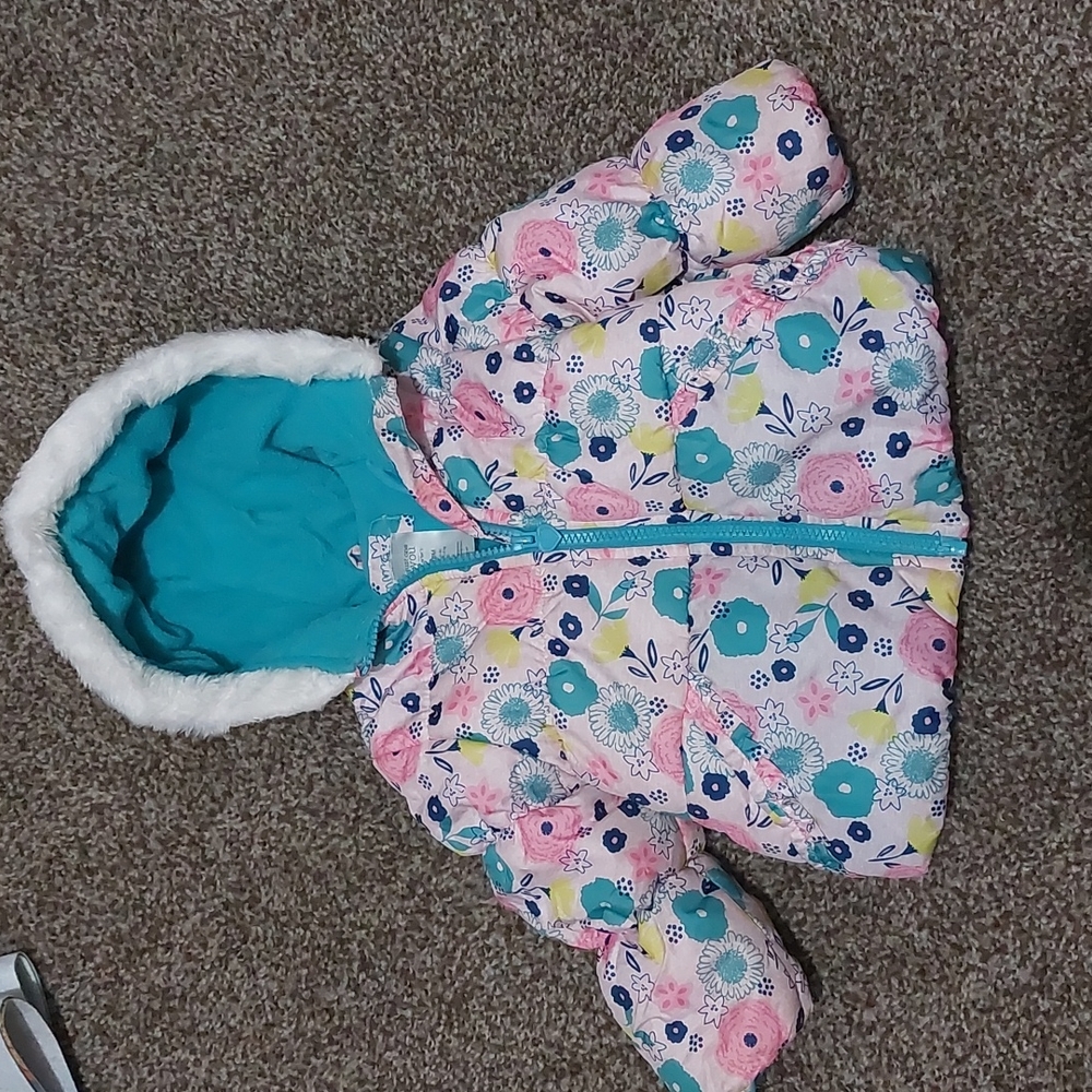 Pink Blue and Yellow Floral Print Just One You Hooded Puffer Coat